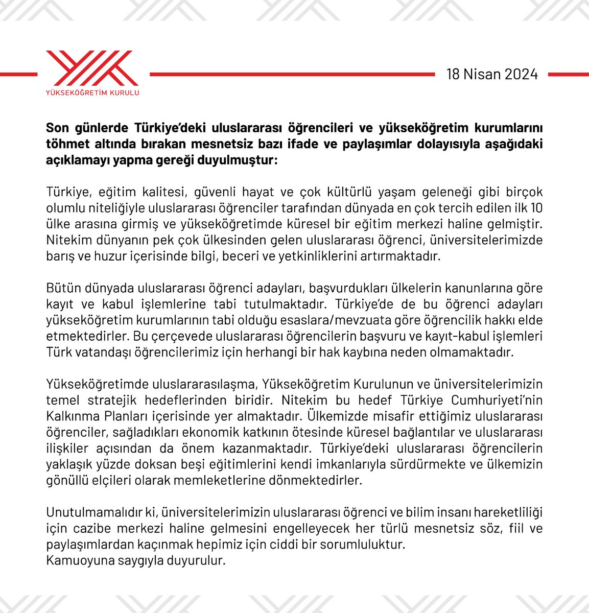 Yükseköğretim Kurulu (@yuksekogretimk) on Twitter photo Son günlerde Türkiye’deki uluslararası öğrencileri ve yükseköğretim kurumlarını töhmet altında bırakan mesnetsiz bazı ifadeler ve paylaşımlar dolayısıyla aşağıdaki açıklamayı yapma gereği duyulmuştur: 
yok.gov.tr/Sayfalar/Haber… Son günlerde Türkiye’deki uluslararası öğrencileri ve yükseköğretim kurumlarını töhmet altında bırakan mesnetsiz bazı ifadeler ve paylaşımlar dolayısıyla aşağıdaki açıklamayı yapma gereği duyulmuştur: 
yok.gov.tr/Sayfalar/Haber…