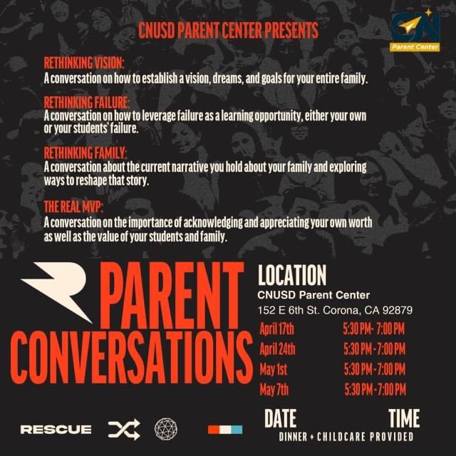 Parent Conversations will take place at the Parent Center. The topic will be how to establish essential family goals! Only 3 more sessions available: 4/24, 5/1, and 5/7 @CNUSD #family #goals #conversationstarters