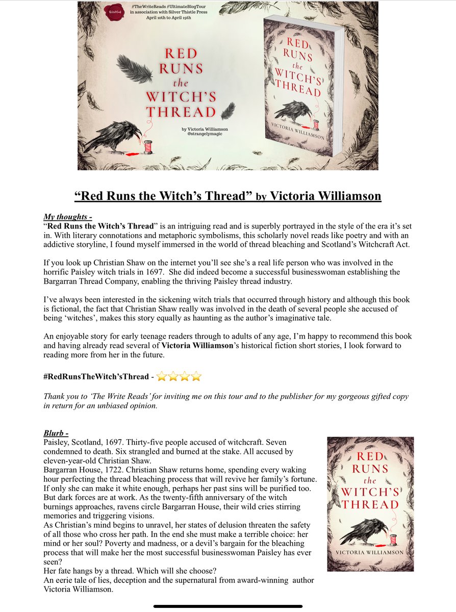 MiriamLSmith3's tweet image. Im on the blog tour for @The_WriteReads @WriteReadsTours #UltimateBlogTour #RedRunsTheWitchsThread by Victoria Williamson - a historical fiction tale about the #PaisleyWitchTrials &amp;amp; #ChristianShaw

#AMothersMusingsSunderland #AMakemMothersMusings @silverthistleps @strangelymagic