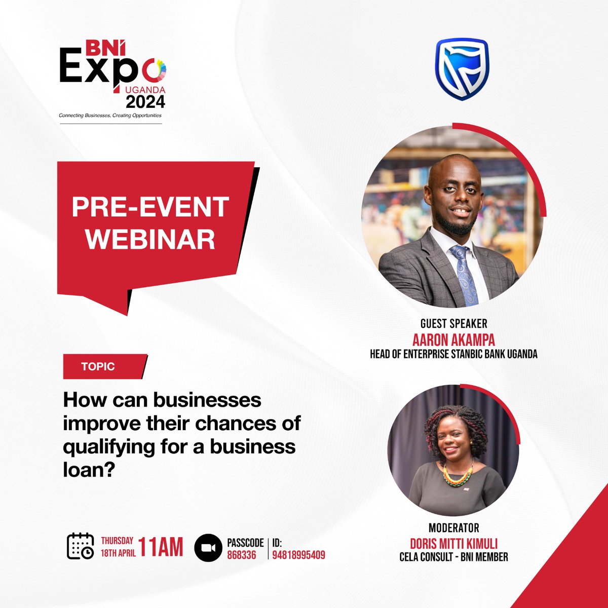 Struggling to secure a business loan? Join the FREE BNI & @stanbicug webinar at 11 AM! Learn how to improve your chances, even with limited credit history or collateral. Register in advance for this webinar: zurl.co/TZh0 #BNIExpo2024