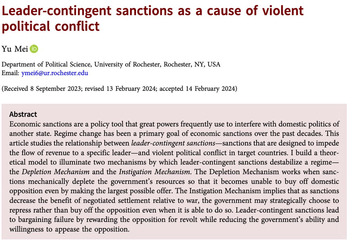 💰Economic sanctions targeting leaders are a tool that countries use to interfere with domestic politics of another state. ➡️@MeiYu1028 identifies mechanisms by which sanctions incite violent political conflict in target countries cambridge.org/core/journals/… #FirstView #openaccess