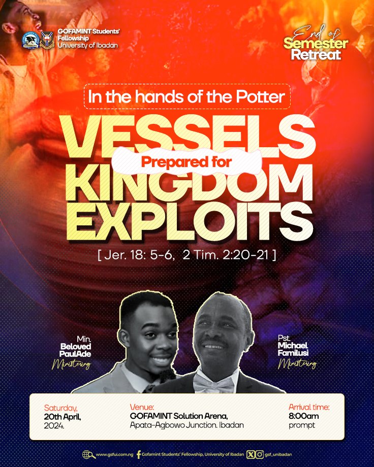 gsf_unibadan's tweet photo. It's End of Semester Retreat season again!🔥🔥🔥

It's a time to be refueled, prepared and equipped for kingdom exploits.

It is God calling us; it is God meeting us; it is a time of fellowship for all and sundry.

Surely, you don't want to miss out on this supernatural time. https://t.co/o8QTZRWfiF