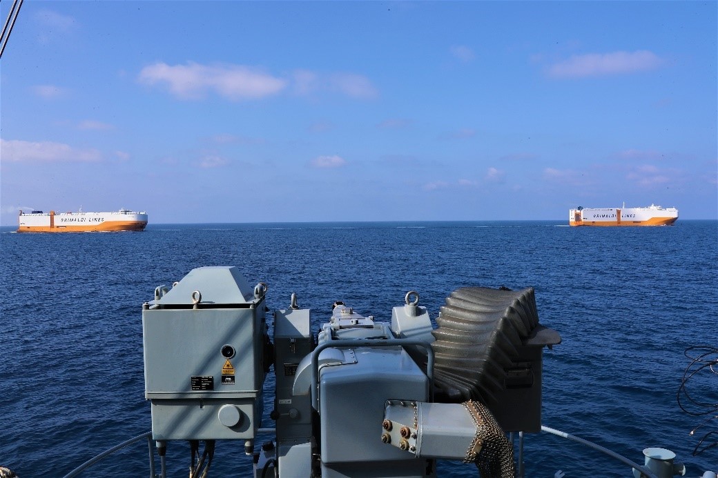 FSG HESSEN, ASPIDES ship, is providing close protection to companies GRIMALDI LINES and LINEA MESSINA, a convoy of merchant vessels of EU interest transiting Red Sea. Entry point for maritime shipping remains the https://on-shore.mschoa.orgfor registration & protection request.