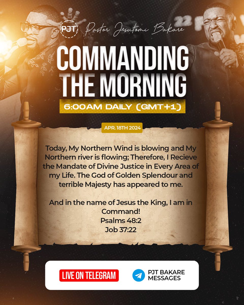 hokmetro's tweet photo. Welcome to your season of divine justice!
Tap on link below to join us every morning by 6:00am GMT+1
https://t.co/buvKmgfXbR
#iamincommand
#commandingyourmorningprayers
#morningprayers
#halfhourprayer
#pjtbakare
#Apr18th https://t.co/EV6wkBhogj