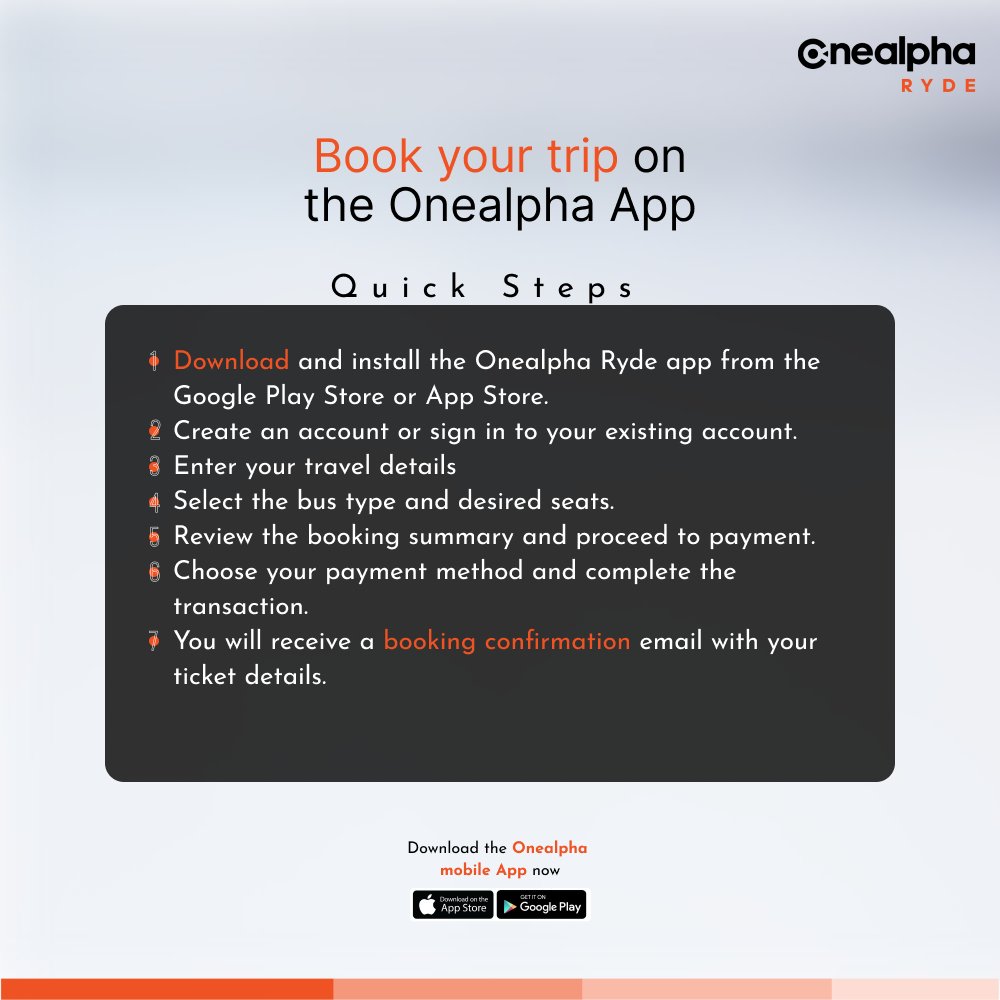 Have you downloaded the Onealpha Ryde App? 

Here are quick steps to help you get started.

#onealpharydeapp #onealpharyde #comforttravel