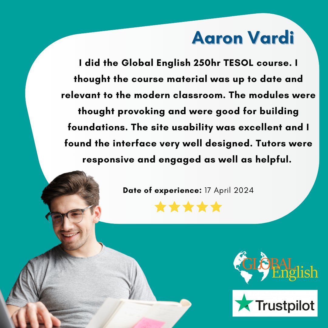Thrilled to receive another 5-star review on @Trustpilot for the Global English 250-hour course!
⭐ ⭐ ⭐ ⭐ ⭐ For more, visit global-english.com

#TESOL #TeachEnglish #EducationMatters #teachers #englishteacher #tefljobs #TEFLCertification #TESOLCertification #tefl #esl