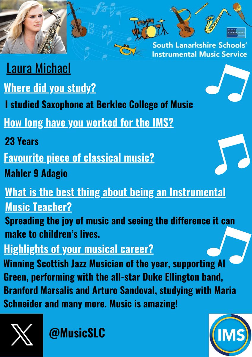 Meet the Team Our next superstar in the spotlight is none other than the SENSATIONAL Jazz Saxophonist, Laura Michael! 🎷 @CreativeScots @EducationSLC @bb_brains #MeetTheTeamCalling #YMusicMatters