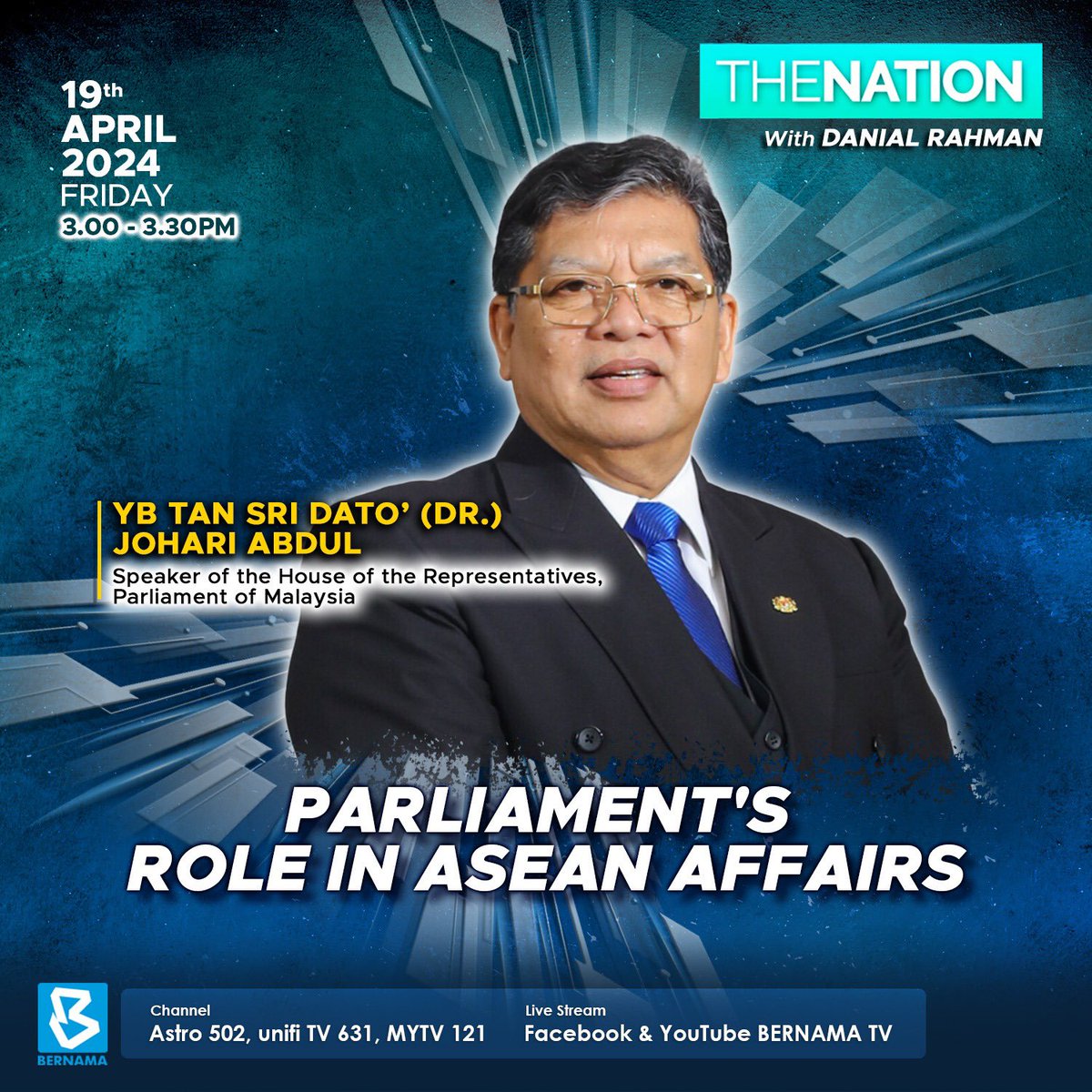 Jemput tonton, saya akan tampil di rancangan “The Nation ASEAN+” pada hari esok, 19 April 2024 jam 3.00-3.30 petang di Bernama TV untuk membincangkan peranan Parlimen Malaysia dalam membangun rantau dan komuniti ASEAN yang lebih makmur dan terangkum.