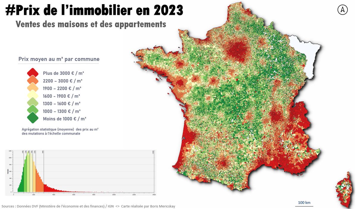 🏡🏬 Les données #DVF des mutations foncières et immobilières de la <a href="/dgfip_officiel/">Direction générale des Finances publiques</a> de 2023 sont disponibles en #opendata <a href="/Etalab/">Etalab</a> <a href="/datagouvfr/">data.gouv.fr</a> !!!

➡️ Carte des prix moyens au m² des ventes de maisons et d'appartements par commune 🗺