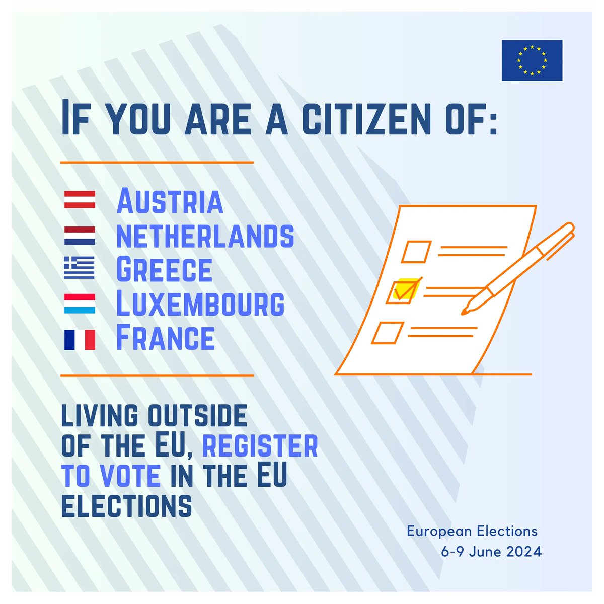 🗳️ If you live outside of the EU, you can #UseYourVote, too. Make sure that you register – here are the upcoming deadlines: 🇦🇹 Austria: 25/04 🇳🇱 Netherlands: 25/04 🇬🇷 Greece: 29/04 🇱🇺 Luxembourg: 30/04 🇫🇷 France: 03/05 europa.eu/!bnhXDQ