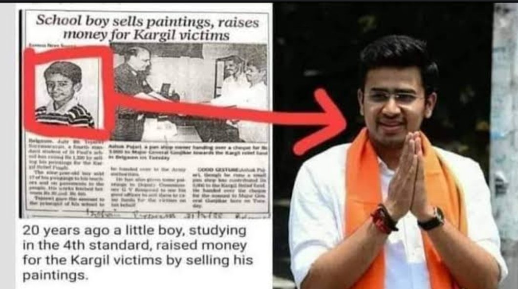 In 1999, a 9 year old boy, sold his paintings, raised money & donated tht money to the Indian Army Kargil Fund at St. Paul's High School, Belgaum. Do you know who that boy is? That is Tejasvi Surya. Plz vote for him if you are in South Bengaluru
#AgliBaar400Paar 
#Vote4Tejasvi