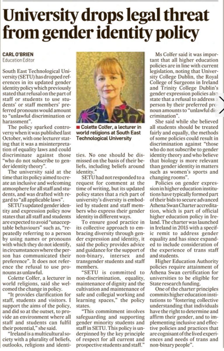 From @IrishTimes today: @SETUIreland's updated gender identity and expression policy 'does not reference the refusal to use pronouns as unlawful'. Where did SETU get the idea that it was unlawful?