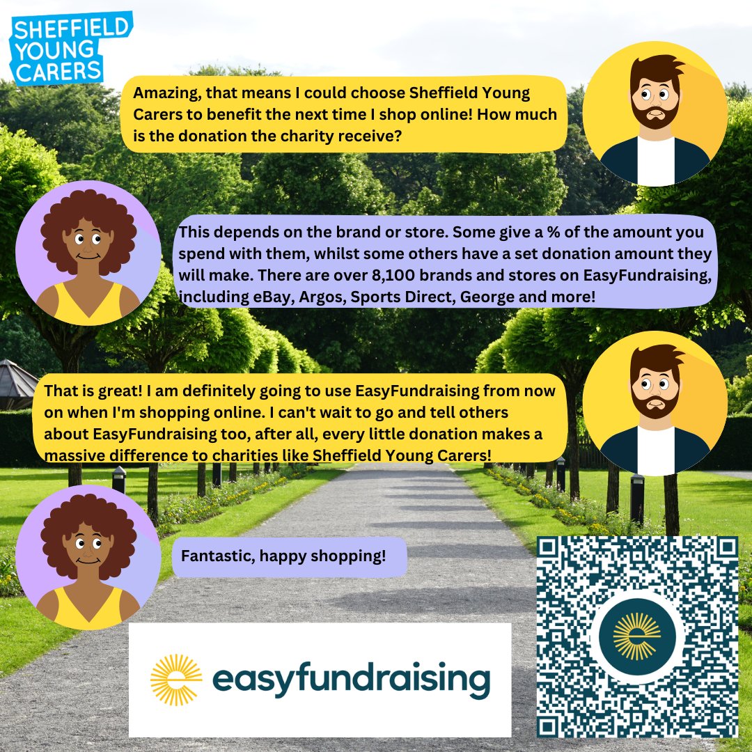Raise FREE donations for Sheffield Young Carers whenever you shop online using @easyuk. Over 8,100 brands will donate, including all the big names like eBay, ASOS, Expedia, M&S, Just Eat, Uswitch and more! Visit: easyfundraising.org.uk/causes/sheffie…