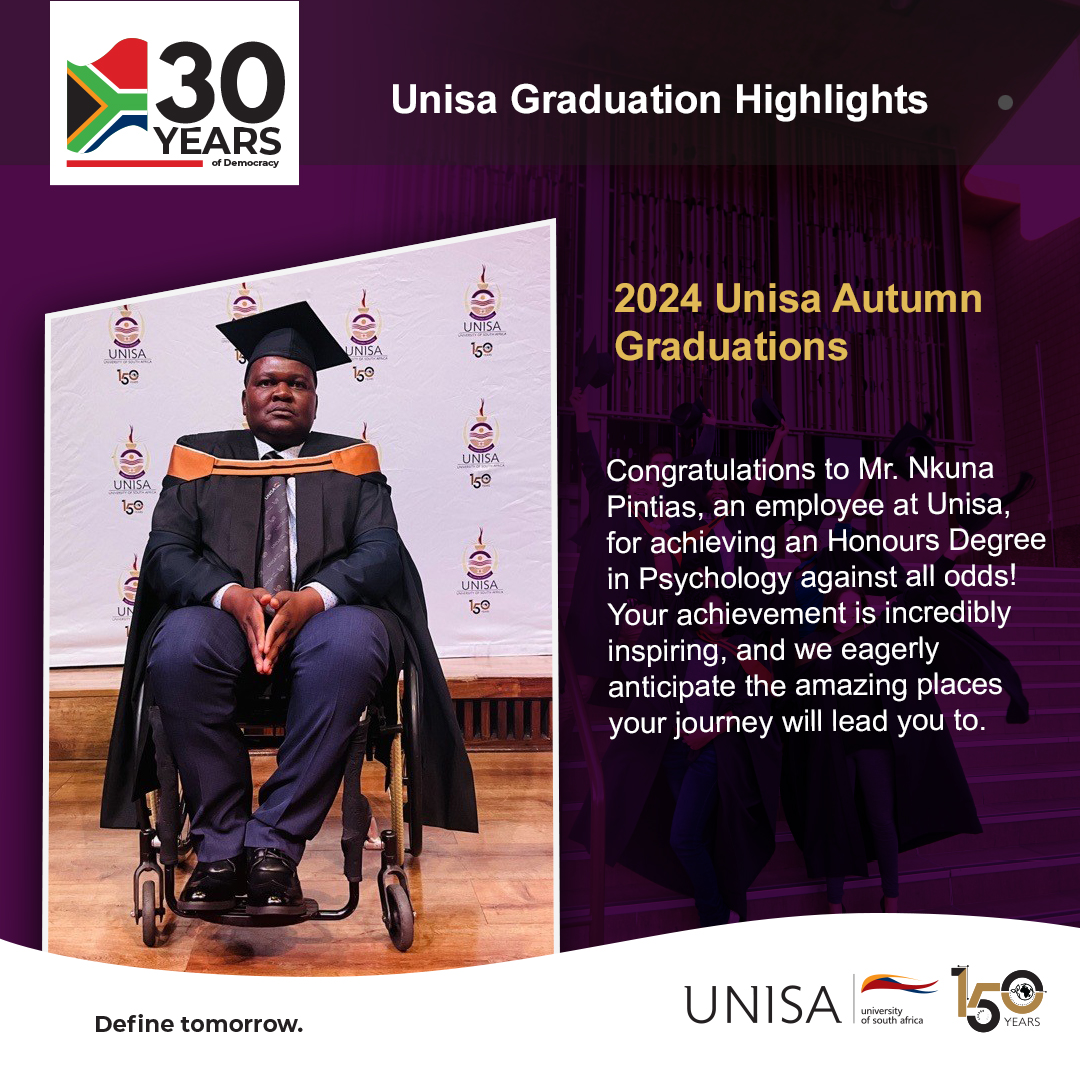 #CircleofExcellence | Congratulations to Mr. Nkuna Pintias, an employee at Unisa, for achieving an Honours Degree in Psychology against all odds! #Unisa150 #2024UnisaAutumnGraduations