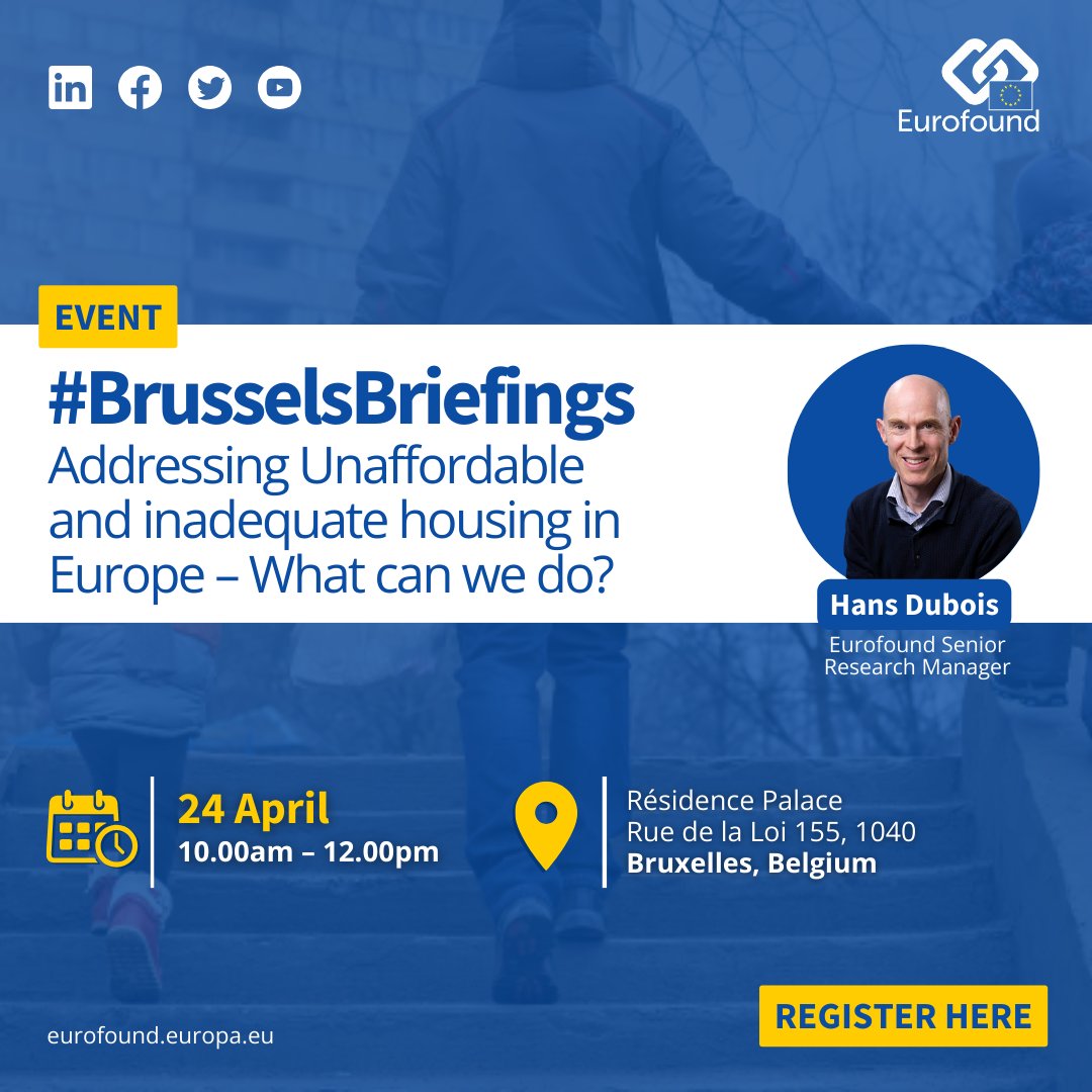 📢 As part of our #BrusselsBriefings series, Eurofound is organising a face-to-face briefing on unaffordable and inadequate housing in Europe.

📅 24 April, 10-12h CEST
📍 Résidence Palace, Rue de la Loi 155, 1040 Brussels 🇧🇪

Register your interest 👉 forms.office.com/e/tvn8SyB9CX