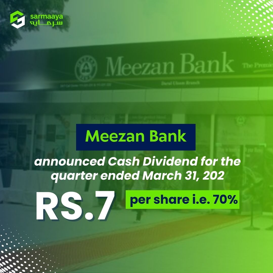 MEBL Bank has announced a cash dividend for the quarter ended 31 March 2024 at Rs.7/-per share i.e. 70%.

For more information visit:
sarmaaya.pk/psx/company/ME…

#meezanbank MEBL #sarmaayafinancials #MEBLBank #dividend
