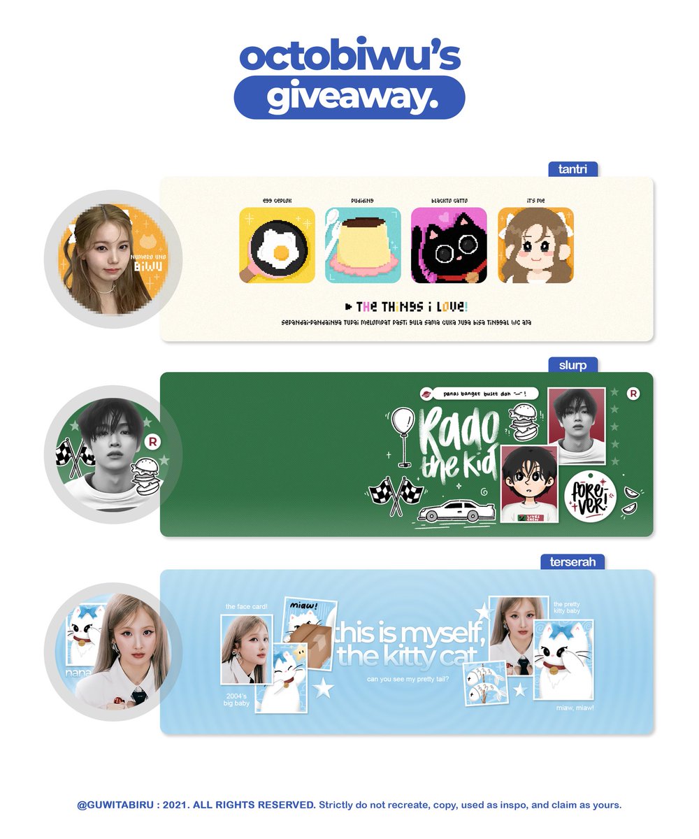 🔔 GIVEAWAY ALERT!

teman-timun, dalam rangka lahirnya katalog baru, saatnya GA beberapa layout &amp;&amp; e-wallet untuk 3 pemenang

rules:
- follow <a href="/guwitabiru/">꩜ biwu</a>
- repost tweet ini
- tag temanmu buat ikutan (opsional)
❌ bukan layout hunter &amp;&amp; GA hunter

end tba. good luck!
sfu #zonauang