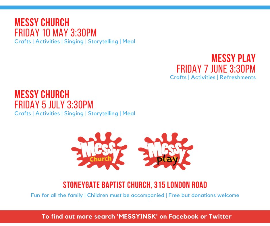 📢NEW DATES📢 Messy Church | Friday 10 May Messy Play | Friday 7 June Messy Church | Friday 5 July All at Stoneygate Baptist Church at 3:30pm