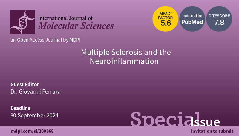 🌟Calling for Papers🌟 📚Multiple Sclerosis and the Neuroinflammation 👨‍🔬Guest Editor: Dr. Giovanni Ferrara 🔗More:mdpi.com/journal/ijms/s… ⏰Submission Deadline: 30 September 2024 @MDPIOpenAccess @MDPIBiologySubj #multiplesclerosis #neuroinflammation #demyelination