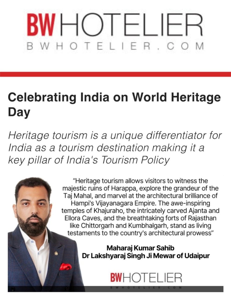 Celebrating India on World Heritage Day! Full Article: bwhotelier.businessworld.in/article/Celebr… #WorldHeritageDay #BWHotelier #TajHotels #LRSM #Udaipur