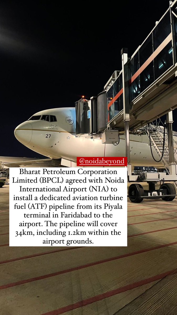 NoidaBeyond's tweet photo. Noida International Airport(NIA) and Bharat Petroleum Corporation Limited(BPCL) signed an Agreement to lay a dedicated aviation turbine fuel (ATF) pipeline from BPCL’s Piyala Terminal to the tank farm at Noida International Airport. 

#noidacity #noidalife #noidabeyond https://t.co/Xus7PQZewa