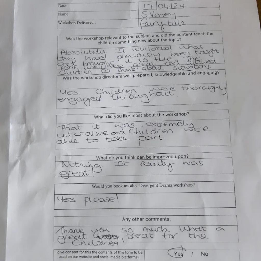 We had two lovely feedback forms and emails yesterday for our most recent workshops. Always such a great feeling! 
#divergentdrama #schoolworkshop #KS1 #ks1topics