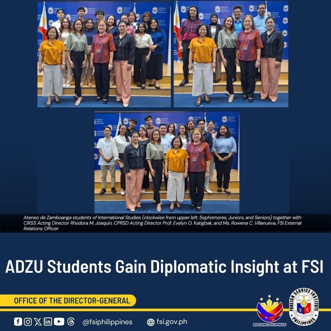 ADZU students dove into diplomacy with a tour at the Foreign Service Institute, gaining firsthand insights into global diplomacy and international relations. More details 👇 fsi.gov.ph/2024/04/17/adz…