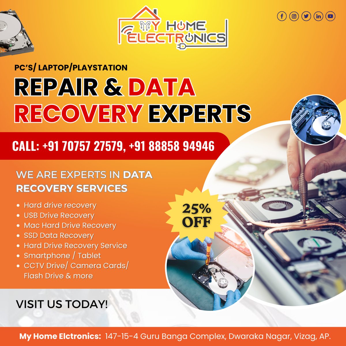 MyHomeElectrons's tweet photo. 🛠️💻🎮 PC's/LAPTOP/PLAYSTATION REPAIR &amp; DATA RECOVERY EXPERTS 🎮💻🛠️

WE ARE EXPERTS IN DATA RECOVERY SERVICES

📞 CALL: +91 70757 27579, +91 88858 94946

🏷️ 25% OFF

🏠 My Home Electronics: 147-15-4 Guru Banga Complex, Dwaraka Nagar, Vizag, AP.

🔧💾💡 #myhomeelectronics https://t.co/MqeiTGclJi