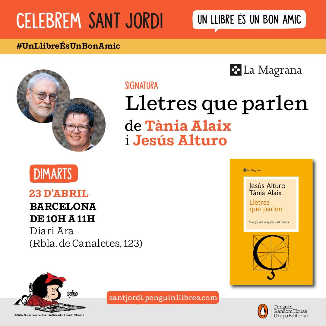 Aquest #SantJordi 🐉 📚🌹també serem a Barcelona! 📌A les 10 amb el @diariARA a la Rambla de Canaletes, 123 #Lletresqueparlen @penguinllibres amb @jesus_alturo @UABBarcelona #català #orígens #històriacultural