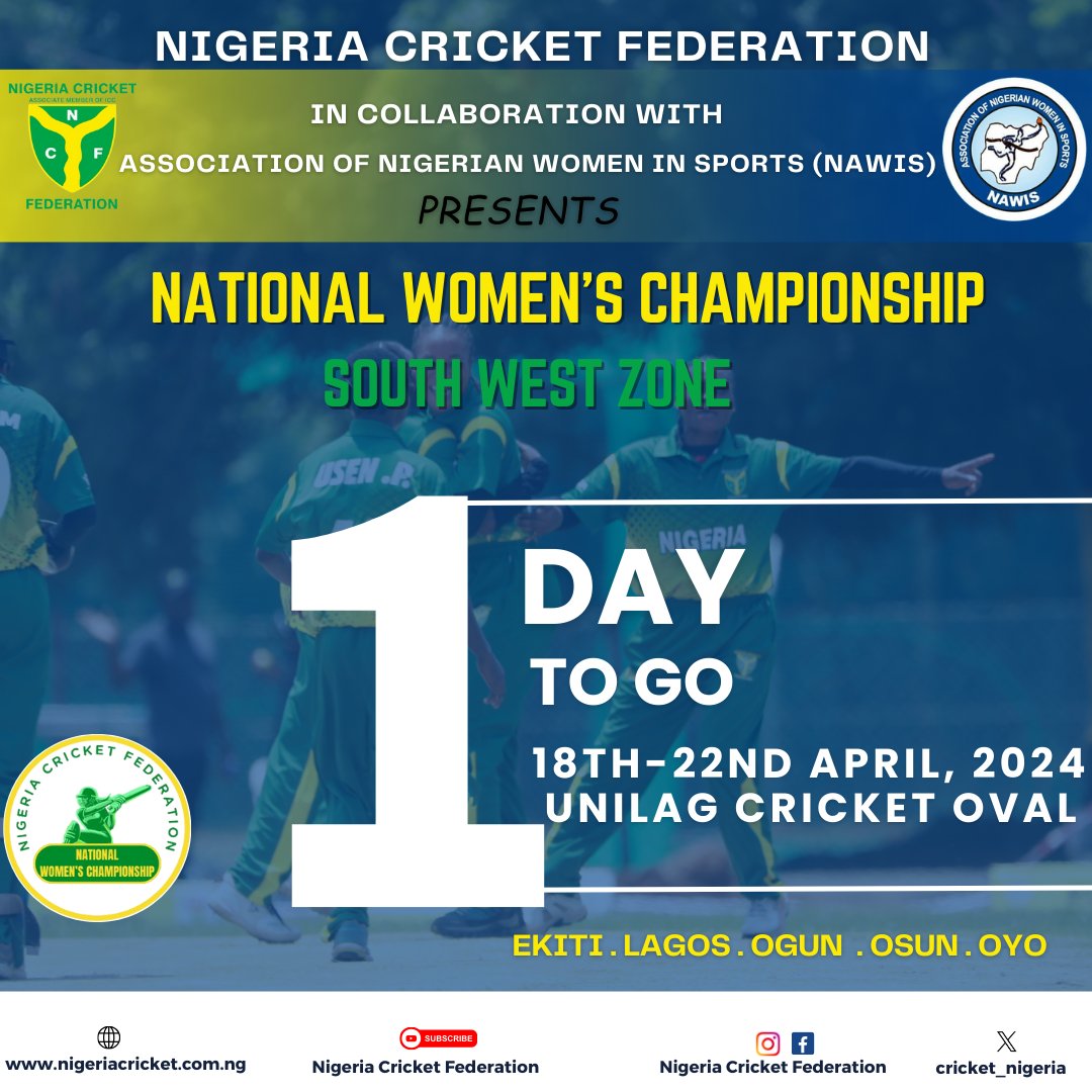 cricket_nigeria's tweet photo. Just 24 hours until the National Women's Championships Zonal Elimination for the South West Zone kicks off at the University of Lagos Oval. 

Get ready for an exhilarating display of talent

Stay up to date, turn on your post notification follow our pages for more information. https://t.co/VK0608LSdl