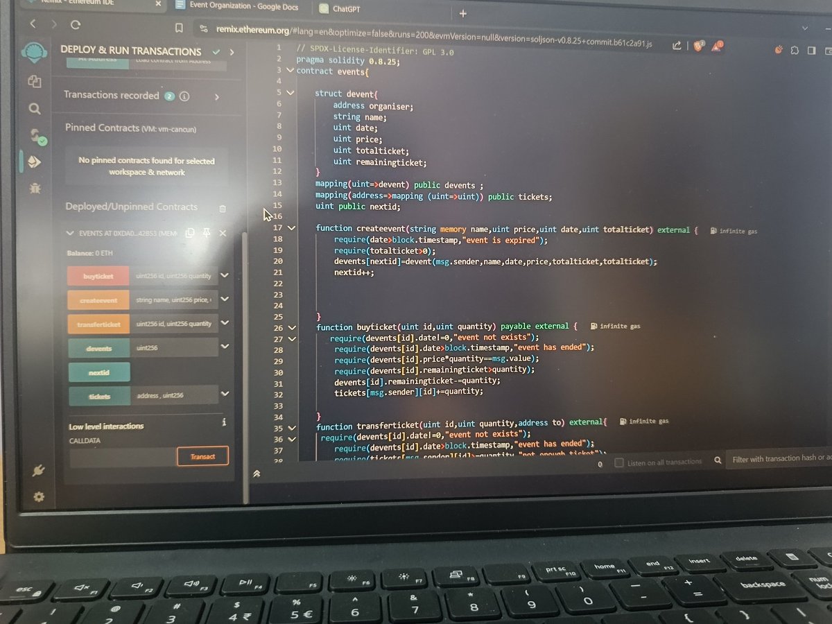 sanemicodez's tweet image. "Thrilled to share my beginner's journey into Solidity! Just crafted my first smart contract for event organization. 🌟 Excited to learn and grow in the world of blockchain tech! #BeginnerCoder #SolidityNewbie"