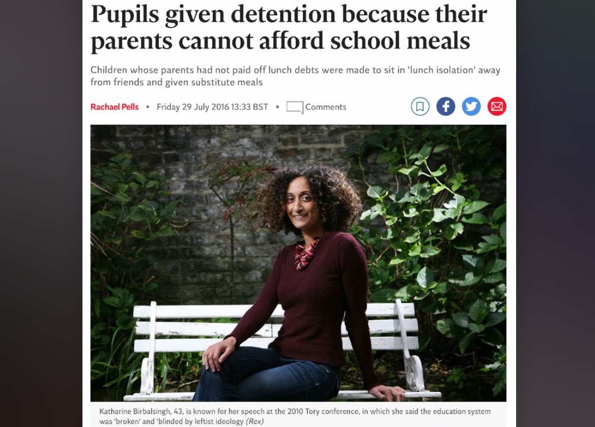 Remember that Miss Birbalsingh also has a huge problem with poor students. She punished pupils at her school who could not afford lunch money by putting them in detention and giving them substandard food to eat.