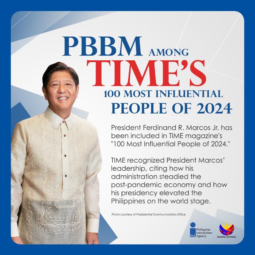 President Ferdinand R. Marcos Jr. has been included in TIME magazine's '100 Most Influential People of 2024,' listed under the Leaders category. Link here: time.com/collection/100… #BagongPilipinas