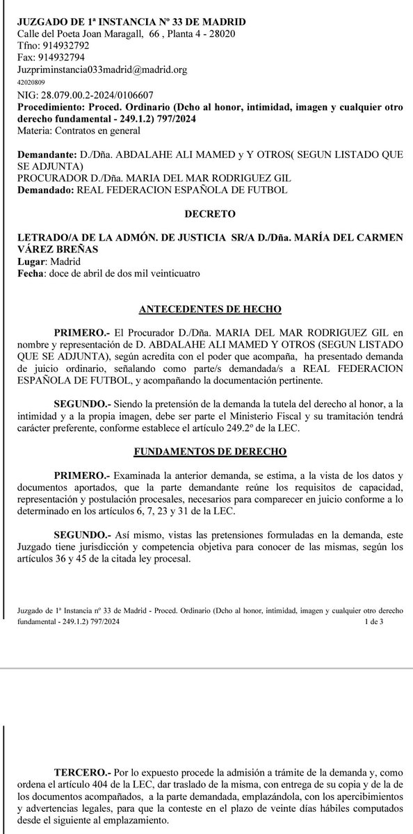 ÚLTIMA HORA REAL FEDERACIÓN ESPAÑOLA DE FÚTBOL  <a href="/rfef/">RFEF</a> 

El Juzgado de Primera Instancia nº 33 de Madrid, admite a trámite una demanda presentada por más de 330 entrenadores, contra la REAL FEDERACIÓN ESPAÑOLA DE FÚTBOL por entre otras muchas cuestiones, la vulneración de derechos