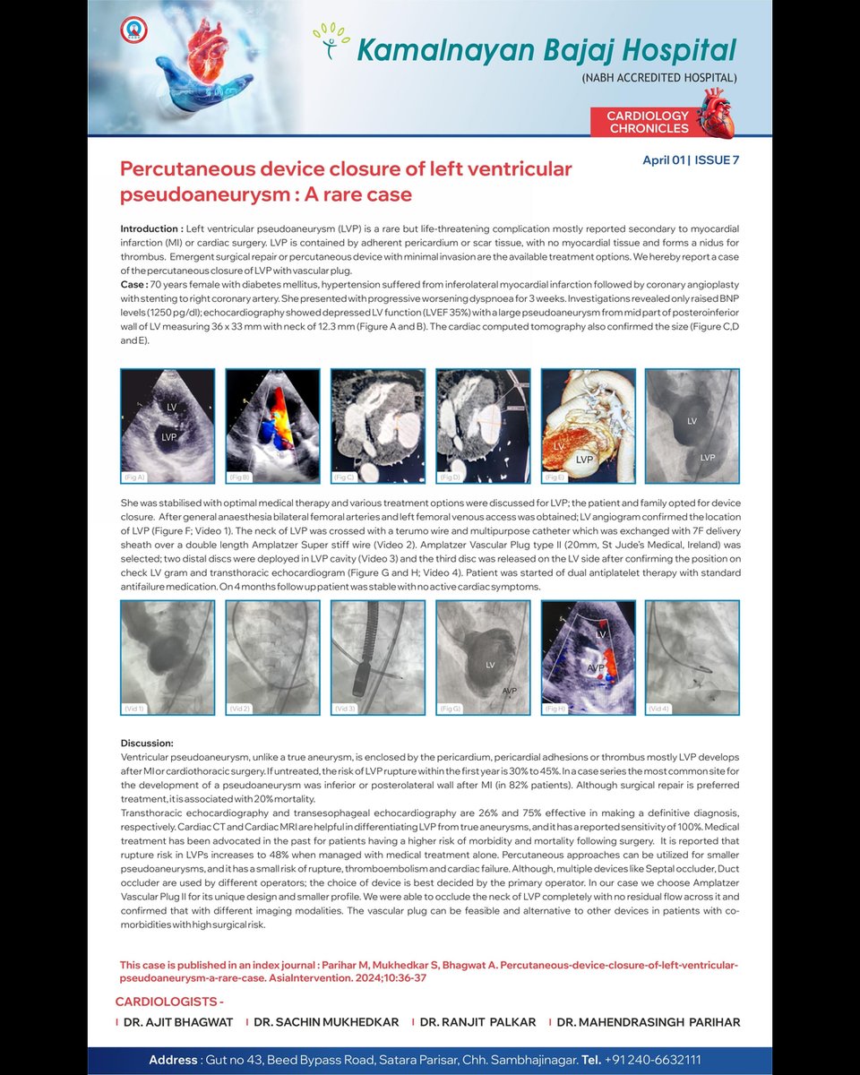 Thrilled to share a breakthrough at Kamalnayan Bajaj Hospital's Cardiology Chronicles!

Witness the success of Percutaneous closure of Left Ventricular Pseudoaneurysm with vascular plug.

#KamalnayanBajajHospital #cardiac #centerofexcellence #cardiology  #healthcareinnovation