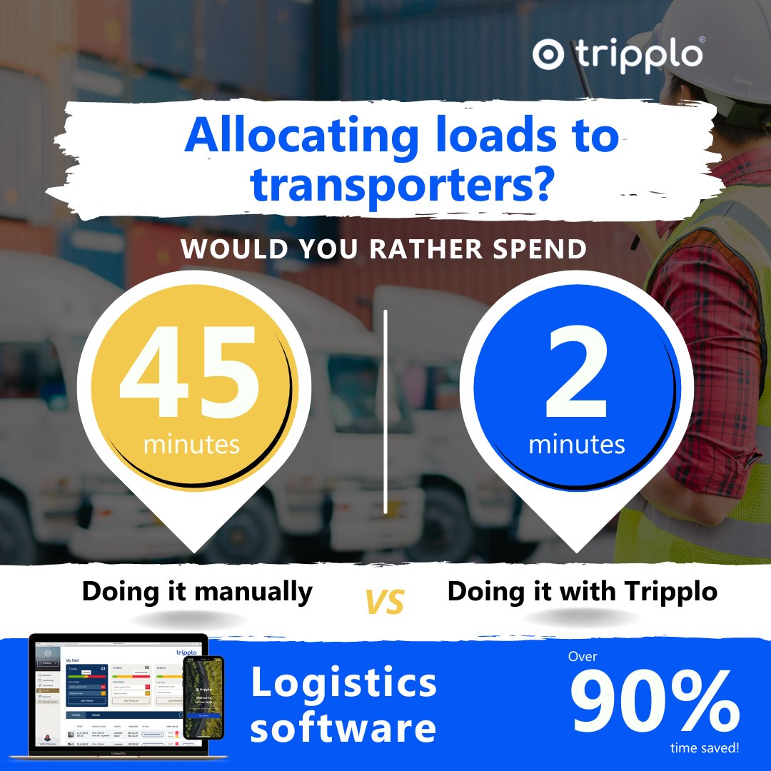 Tripplosoftware's tweet photo. How long does it take you to allocate loads?

Save time and effortlessly allocate 20 loads to 10 transporters with our automated platform! 🚛⏱️ 

Learn how you do that, click below to contact us.

https://t.co/TNzLuGdMPJ https://t.co/fLuE4jwPk2