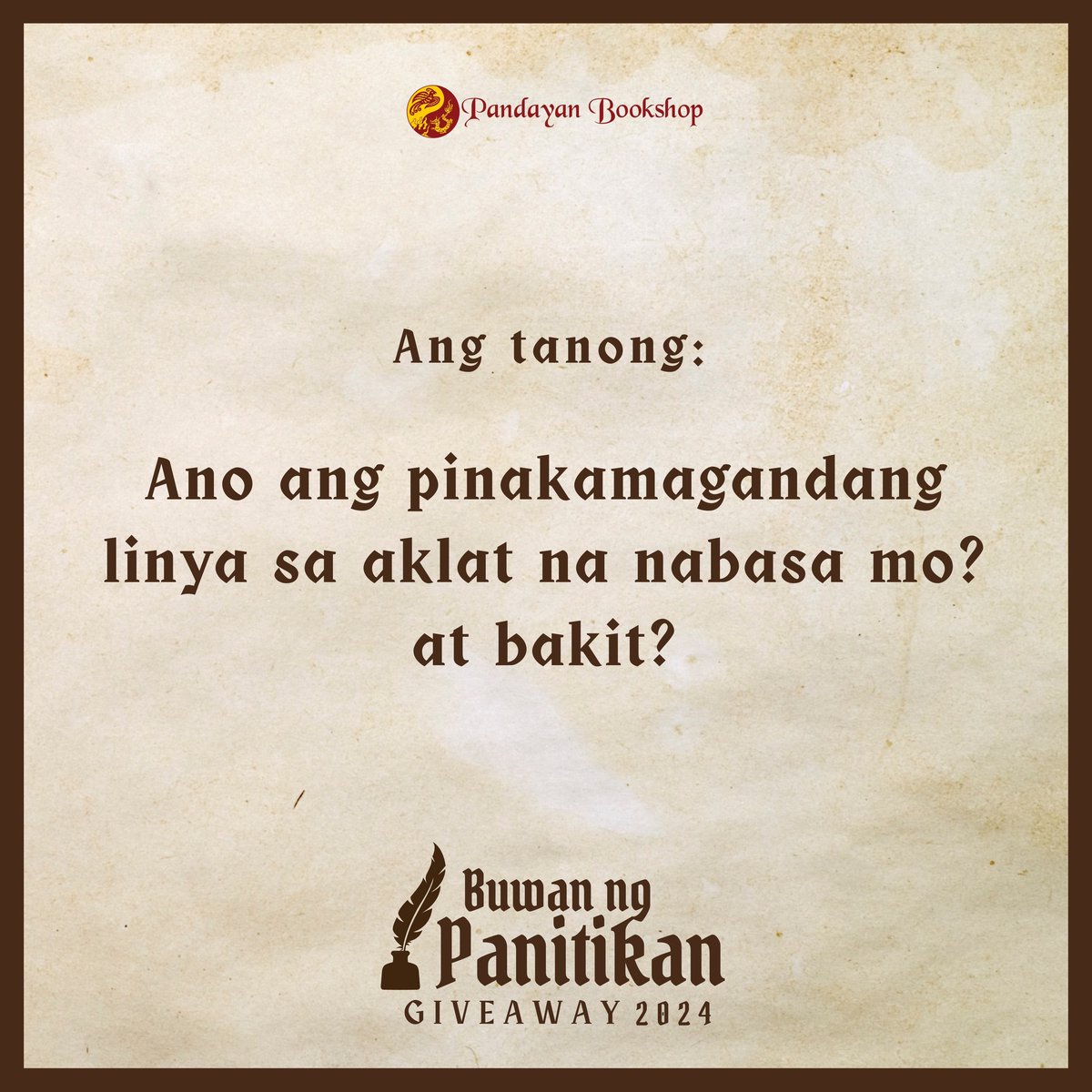 pandayancomph's tweet photo. Mabuhay Wattpad Readers! Nais mo bang makakuha ng signed copy ng aklat ni 4REUMICT? Sali na!

Paano sumali?
Link: https://t.co/verBfH6uL7

#PandayanBookshop #PBS #BNP2024 #BNPGiveaway2024 #BuwanNgPanitikan https://t.co/ssIqmmhwlq