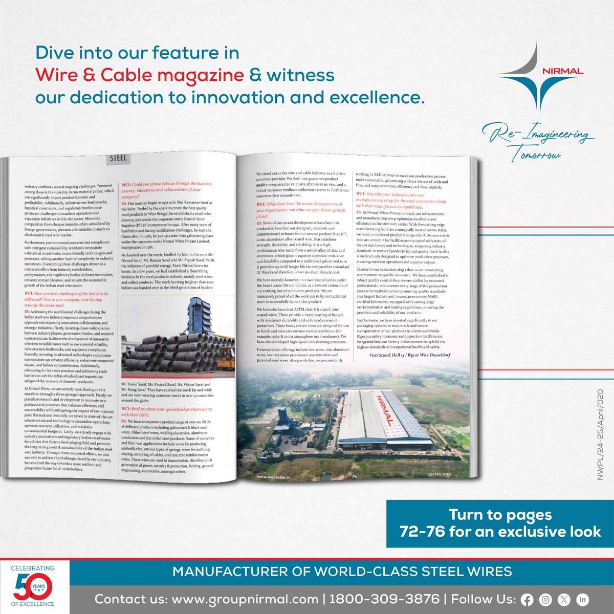 Dive into our exclusive feature in Wire & Cable India and discover how Group Nirmal is revolutionizing the landscape. Turn to pages 72-76 for an in-depth look.

#NirmalWires #GroupNirmal #SteelWires #WireIndustry #magazinefeature #featured #wireandcable #wireandcableindia