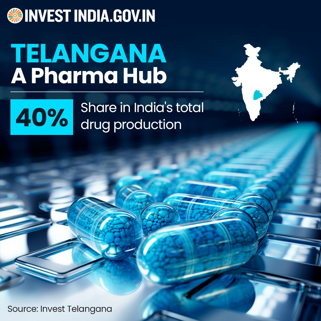 Explore #Telangana if you are a pharma company because it powers 35% of #NewIndia's #pharma production and offers a world-class manufacturing ecosystem. 💊 Explore more opportunities at bit.ly/II-telangana #InvestIndia #InvestInIndia #InvestInTelangana