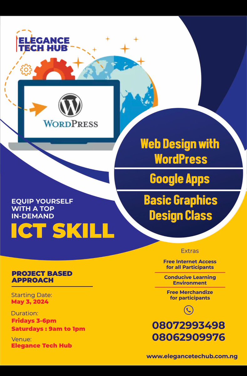 Enhance your tech skills at @Elegance_techub Osogbo. Learn Front-End Web Development, Data Analysis, and WordPress Web Design with FREE INTERNET. Start your tech journey with us today! #elegancetechhub