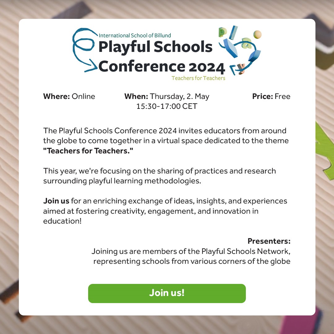 International School of Billund is once again hosting the Playful Schools Conference! 
It's online, Thursday 2 May, from 15:30-17:00 CET.
Click, drag and scroll to see all of the presenters before choosing the sessions you want to join.
See you in May :-)
beestreamed.com/event?id=65eoq…