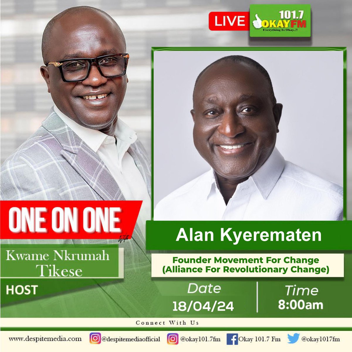 AlanKyerematen's tweet photo. Join me on Okay 101.7FM this morning as I discuss the Alliance For Revolutionary Change with Kwame Nkrumah Tikese.

#TheBigAnnouncement 
#AllianceForRevolutionaryChange 
#GhanaWillRiseAgain https://t.co/8LeUB9UNHg