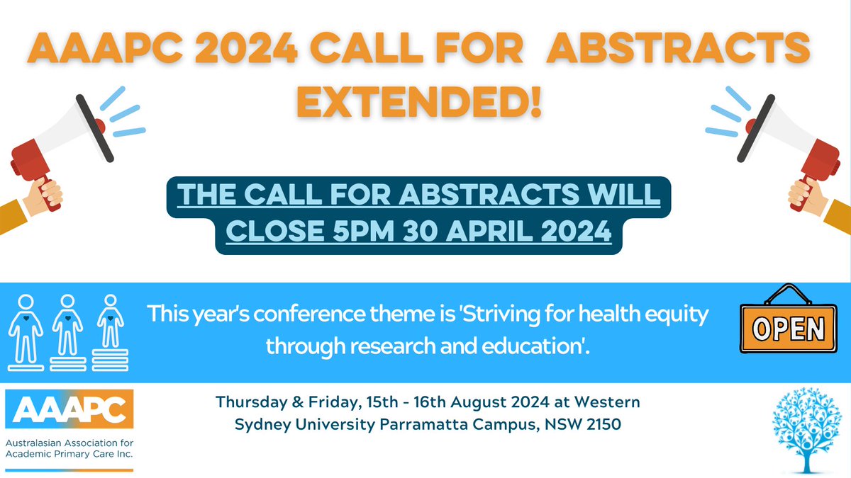 🚨Calling all primary care researchers! AAAPC 2024 conference abstract deadline has been extended to 30 April 🗓️ Check us out online and submit today: aaapc.eventsair.com/PresentationPo… #AAAPC24