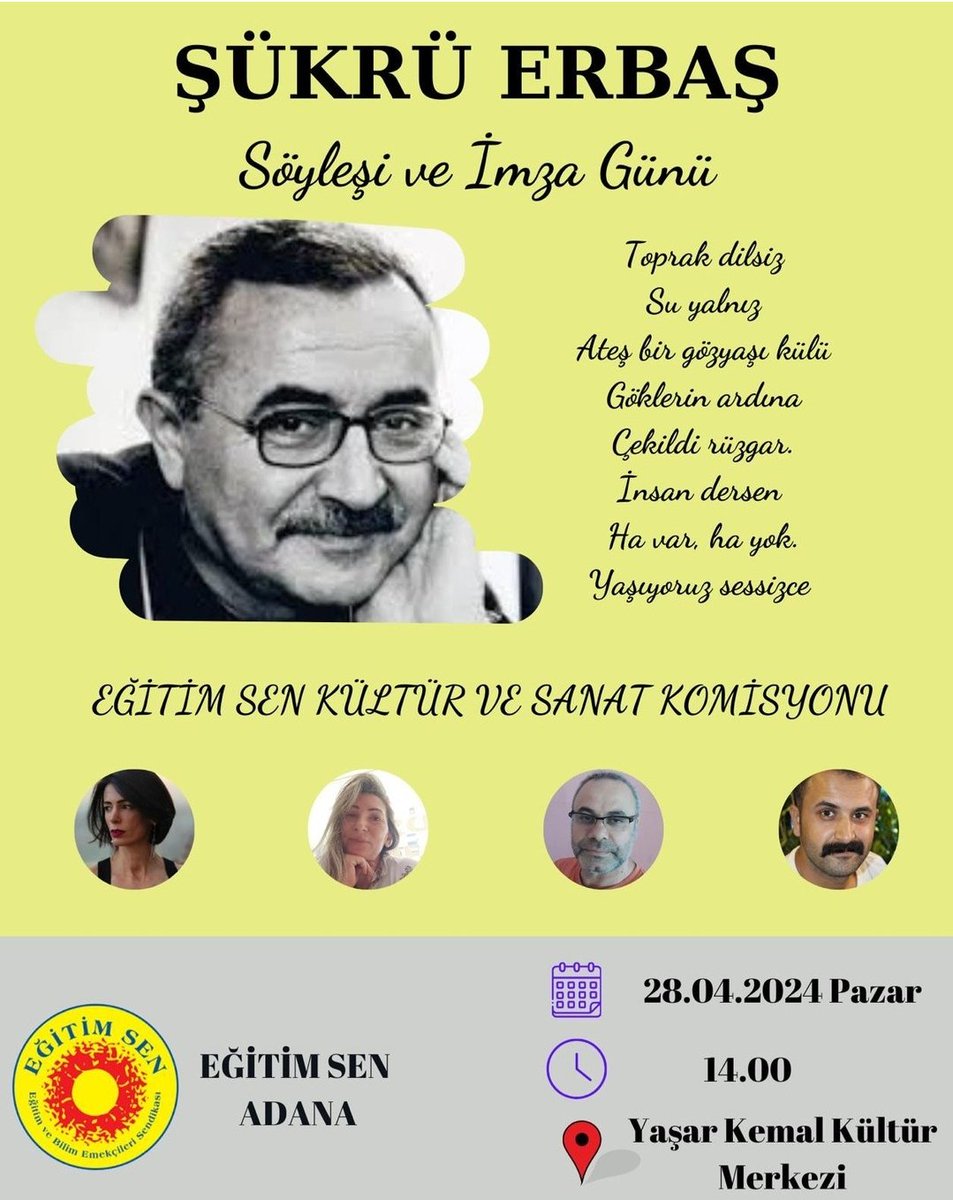 Söyleşi ve imza gününe davetlisiniz.
<a href="/egitimsenadana/">Eğitim Sen Adana</a>