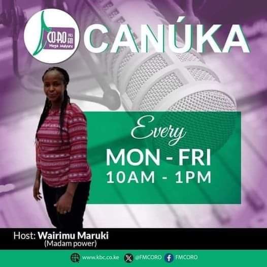 fmcoro's tweet photo. Umuthi uraCanuka na Wairimu Maruki(Madam power) uri mwena uriku?
Itika register...
#corofm
#wegamuiyuru
#canuka https://t.co/C1MOgU5fIX