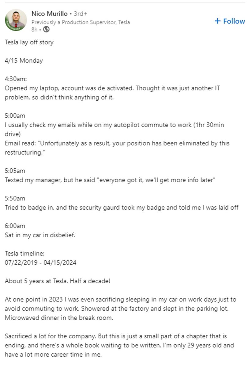 Ric_IsaanToro's tweet photo. Ain't going to touch #Tesla Cars for their inhumane &amp; heartless act laying off people without a proper "human resource" process .....
Photo credit below from Mr Nico Murillo LinkedIN Post - Production Supervisor that was laid off 3 days ago https://t.co/2garG3jM2B