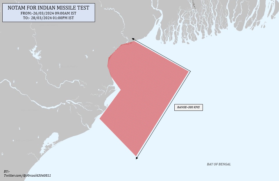 The NOTAM was published for 26th - 28th March, And rescheduled to 18th April, Thanks @Mrcool63040811 ITCM Missile is the Nirbhay variant that flies with STFE 'Manik' Engine , Multiple tests later , we believe the technology has now reached a mature stage.