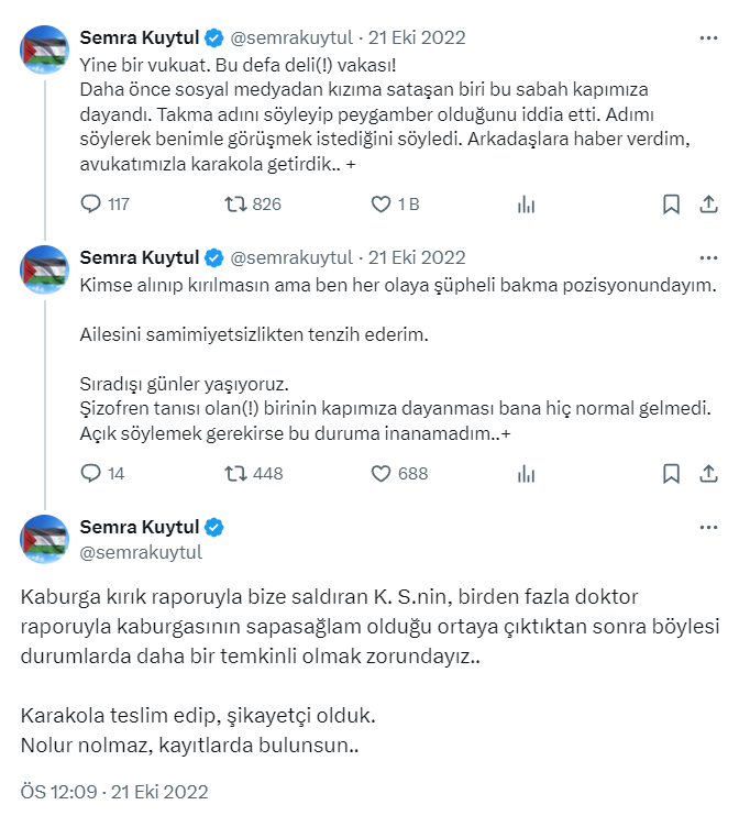 Furkan__Durusu's tweet photo. Akli dengesi yerinde olmayanlarla yaşanan tek olay bu da değil.

21 Ekim 2022, şizofren hastalığı bulunan biri önce sosyal medya üzerinden Alpaslan Hoca'nın kızlarını rahatsız edip sonra evine giderek kendisinin peygamber olduğunu ve Semra Hoca ile görüşmek istediğini söylüyor. https://t.co/NS3pN5yiIG