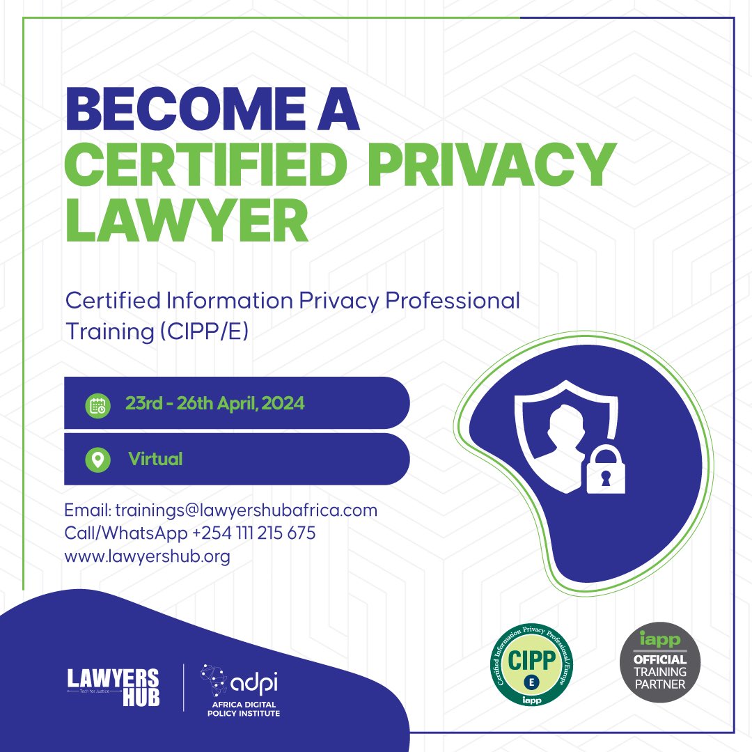 #IAPP Training registration is still ongoing. Reserve your spot! 📌Become a Certified Information #Privacy Professional (CIPP/E) 🗓️ Virtual Training on 23rd - 26th April, 2024 🔔Register Today at bit.ly/IAPPcertificat… Email:trainings@lawyershubafrica.com for inquiries.