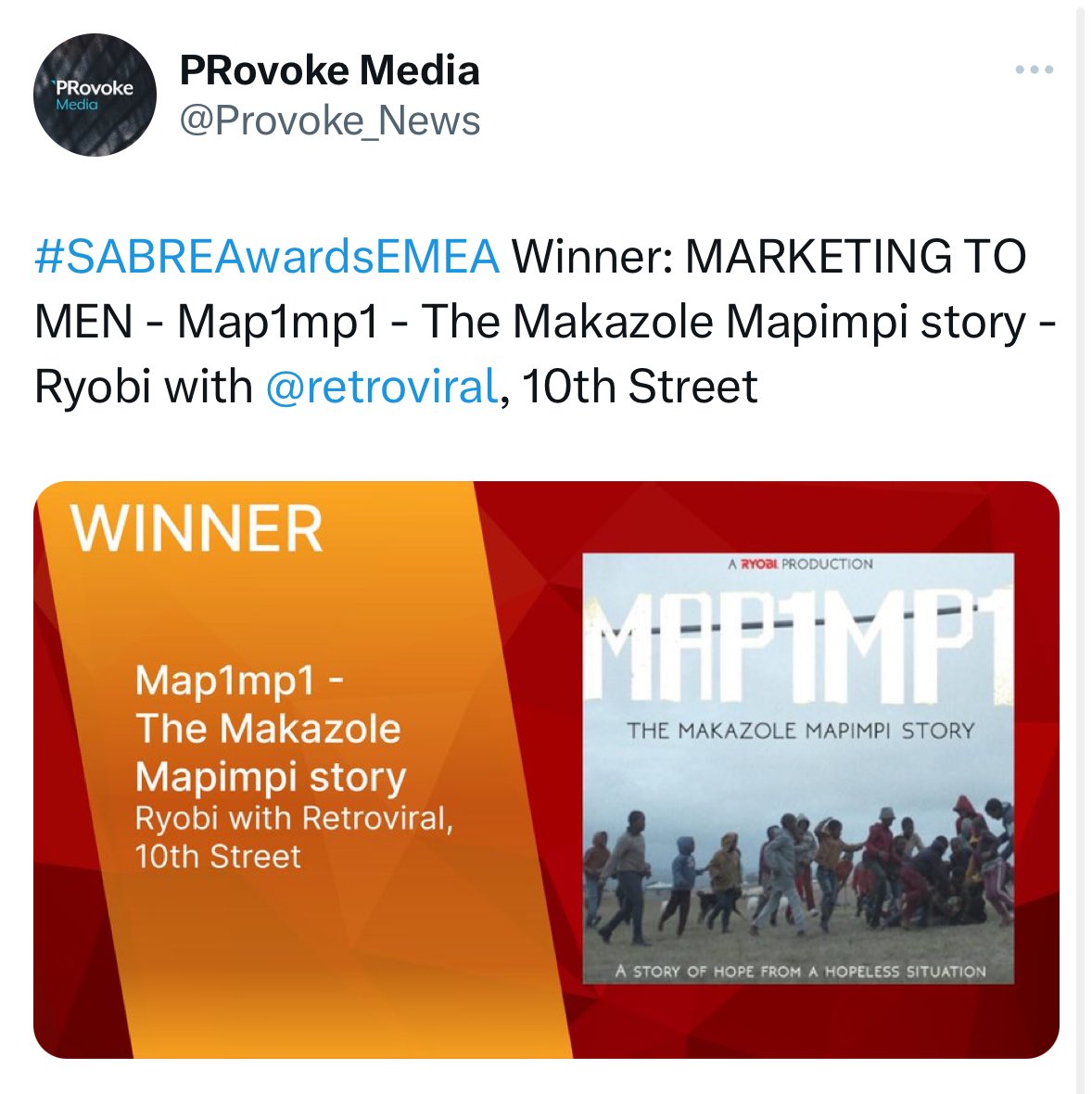 mikesharman's tweet photo. Incredible result for @retroviral at #SABREAwardsEMEA. A brace of trophies.

Proudly repped by @MasisiKoketso 

Thank you to our partners @RYOBI_Africa and @CastleLagerSA 🔥🔥🔥

Congrats to other 🇿🇦 winners - @TribecaPR @Clockwork_Media and @Razor_PR_Agency 

https://t.co/ptw0bKTFbx